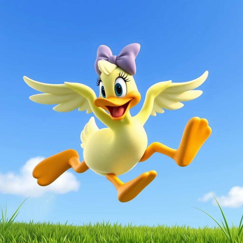 Daisy the duck flapping her wings hard, running fast on a green grassy area, about to jump into the air with a big smile. The blue sky is clear, and a few clouds are floating.