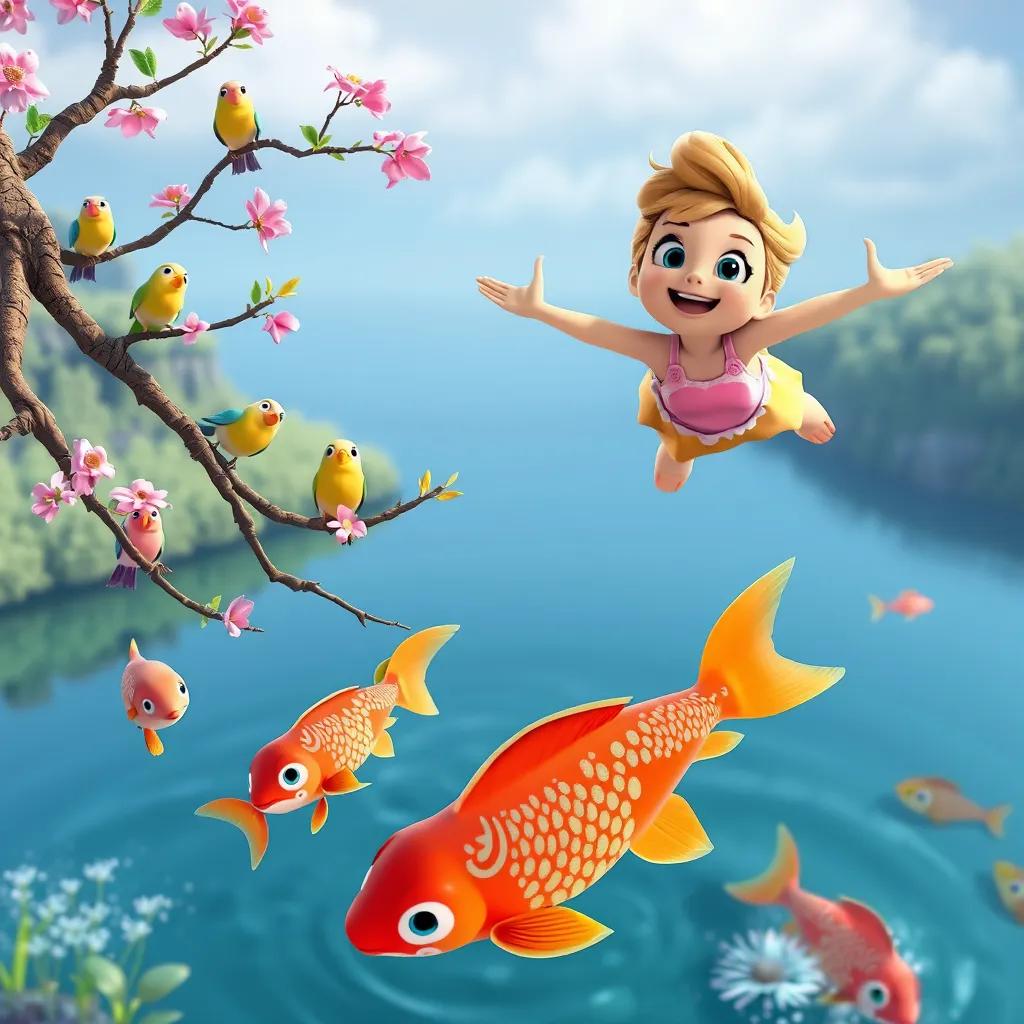 Daisy soaring over the lake, with her friends, colorful fish splashing below her. There are birds on the branches, and they are chirping happily. Daisy looks joyful in the sky.