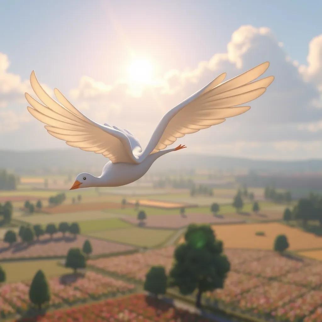 Daisy practicing her flying, soaring high above the trees with the wind ruffling her soft feathers. The sun is shining brightly, and the fields below are in full bloom.
