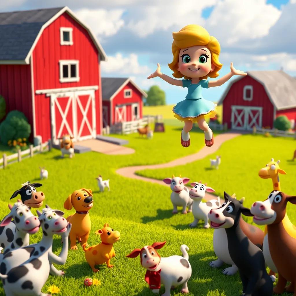 Daisy flying proudly over the farm with all the animals cheering for her. The farm is colorful with barn red buildings, green fields, and a vibrant blue sky.