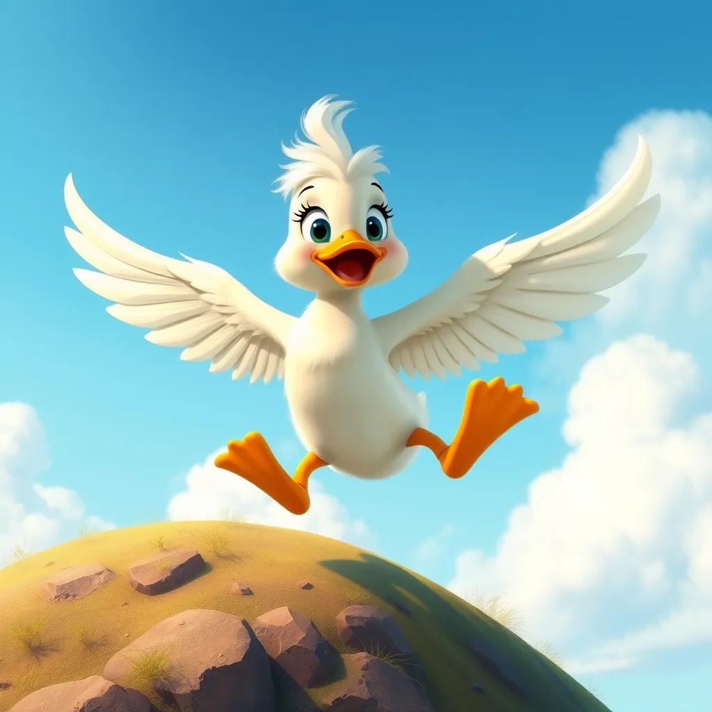 A little duck, Daisy, with shiny feathers, jumping off a hill, spreading her wings wide, a bright blue sky and fluffy white clouds above, feeling the wind, colorful, adventure-themed, cheerful illustration