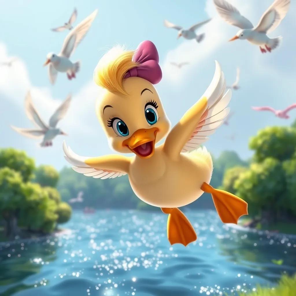 A little duck, Daisy, with shiny feathers, soaring over sparkling water and green trees, with birds flying alongside her and smiling, vibrant colors, joyful atmosphere, child-friendly