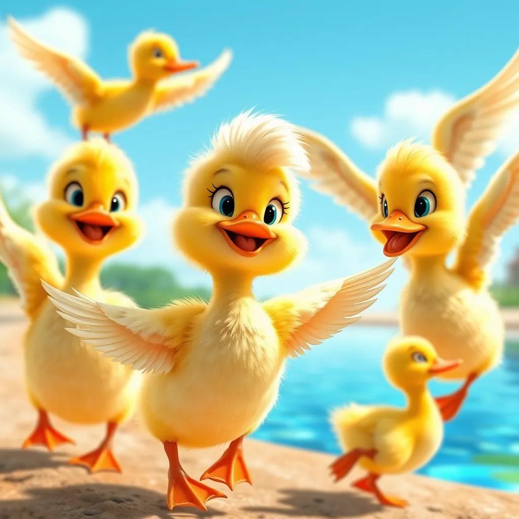 A group of little ducks, including Daisy, with shiny feathers, practicing flying together, happy expressions, a bright blue sky and a beautiful pond in the background, colorful, uplifting, engaging imagery