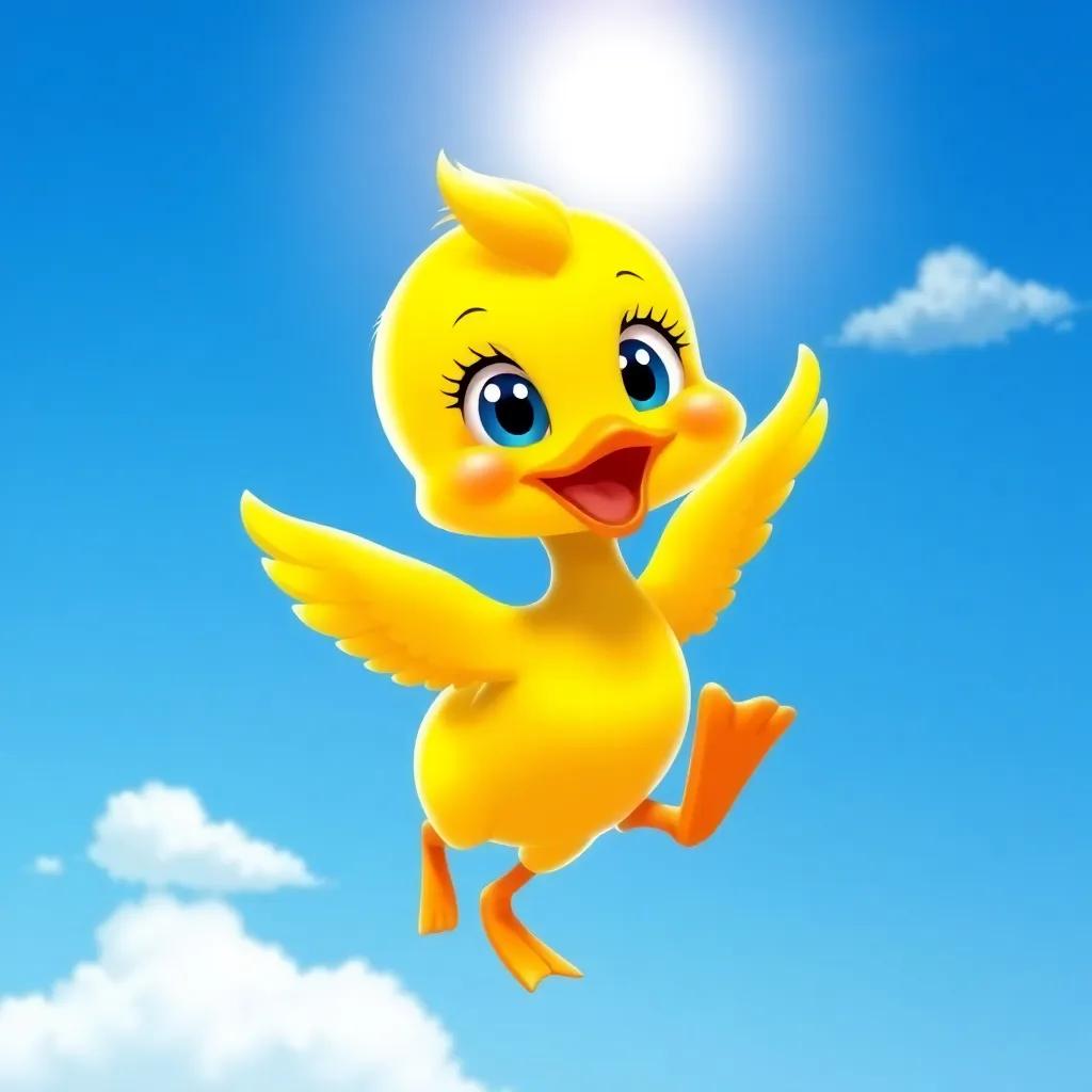 A little duck, Daisy, with bright yellow feathers and big, shiny eyes, flapping her wings joyfully in a blue sky, bright sunshine and a few fluffy clouds, cheerful, child-friendly illustration, vibrant colors, uplifting scene
