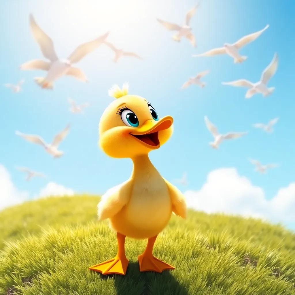 A cheerful duck, Daisy, with shiny feathers and a bright smile, standing on a grassy hilltop looking at birds flying in the blue sky, digital art, vibrant colors, sunny day, uplifting scene