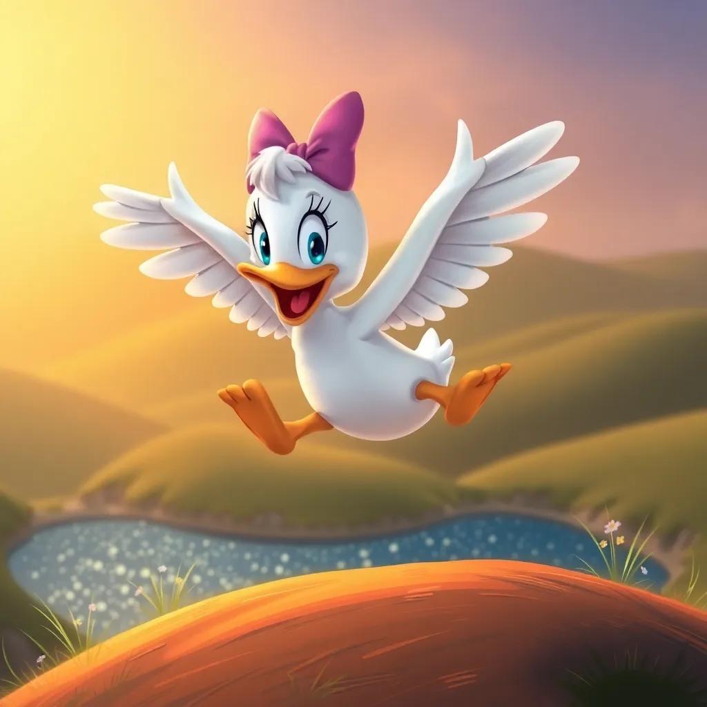 Daisy, the excited duck, with wide flapping wings, jumping off a hill with determination and joy, overlooking a shimmering pond, illustration, warm light, colorful, cheerful atmosphere