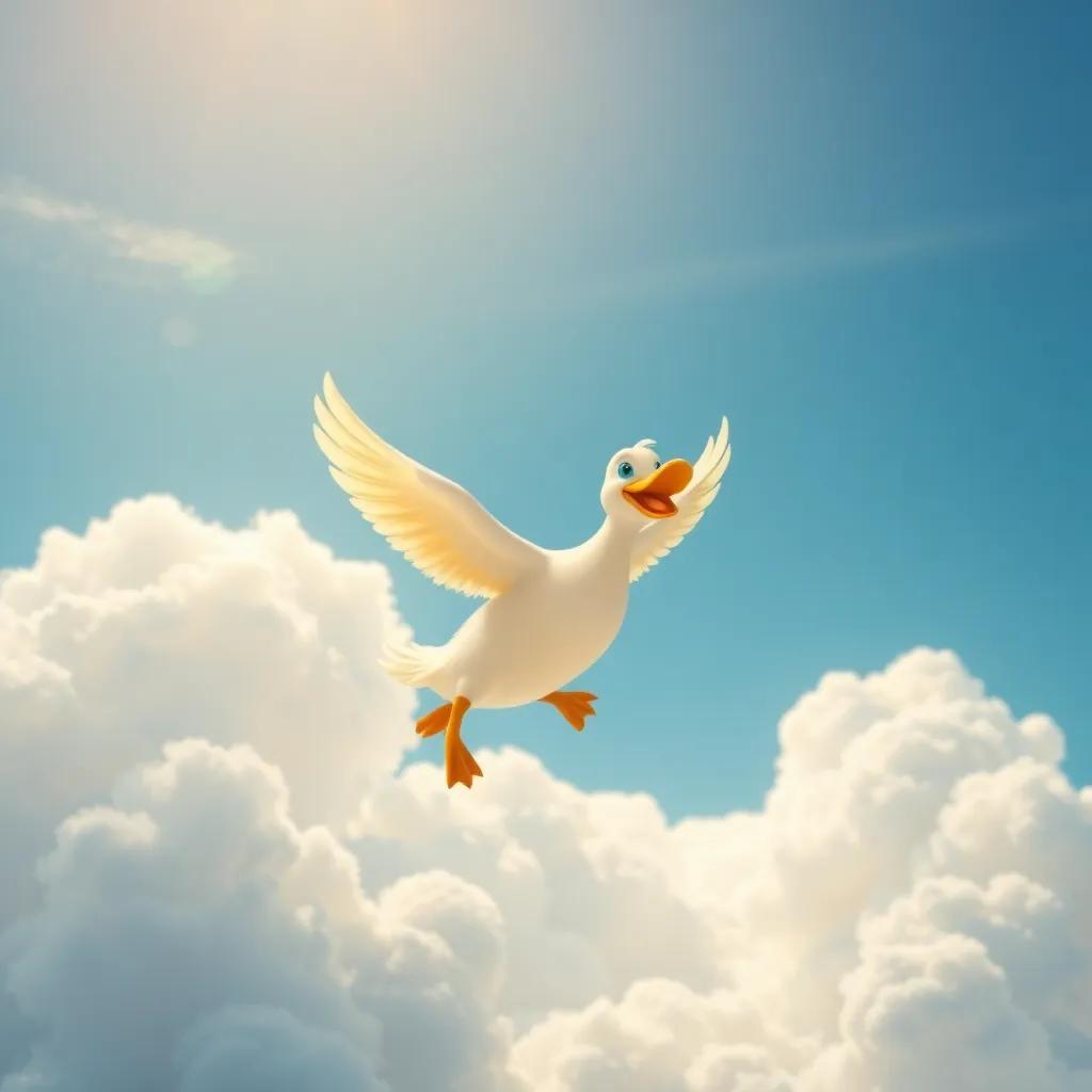 Daisy, the flying duck, soaring joyfully in the sky among fluffy white clouds, sunlight shining on her feathers, showing freedom and happiness, digital painting, realistic, uplifting imagery
