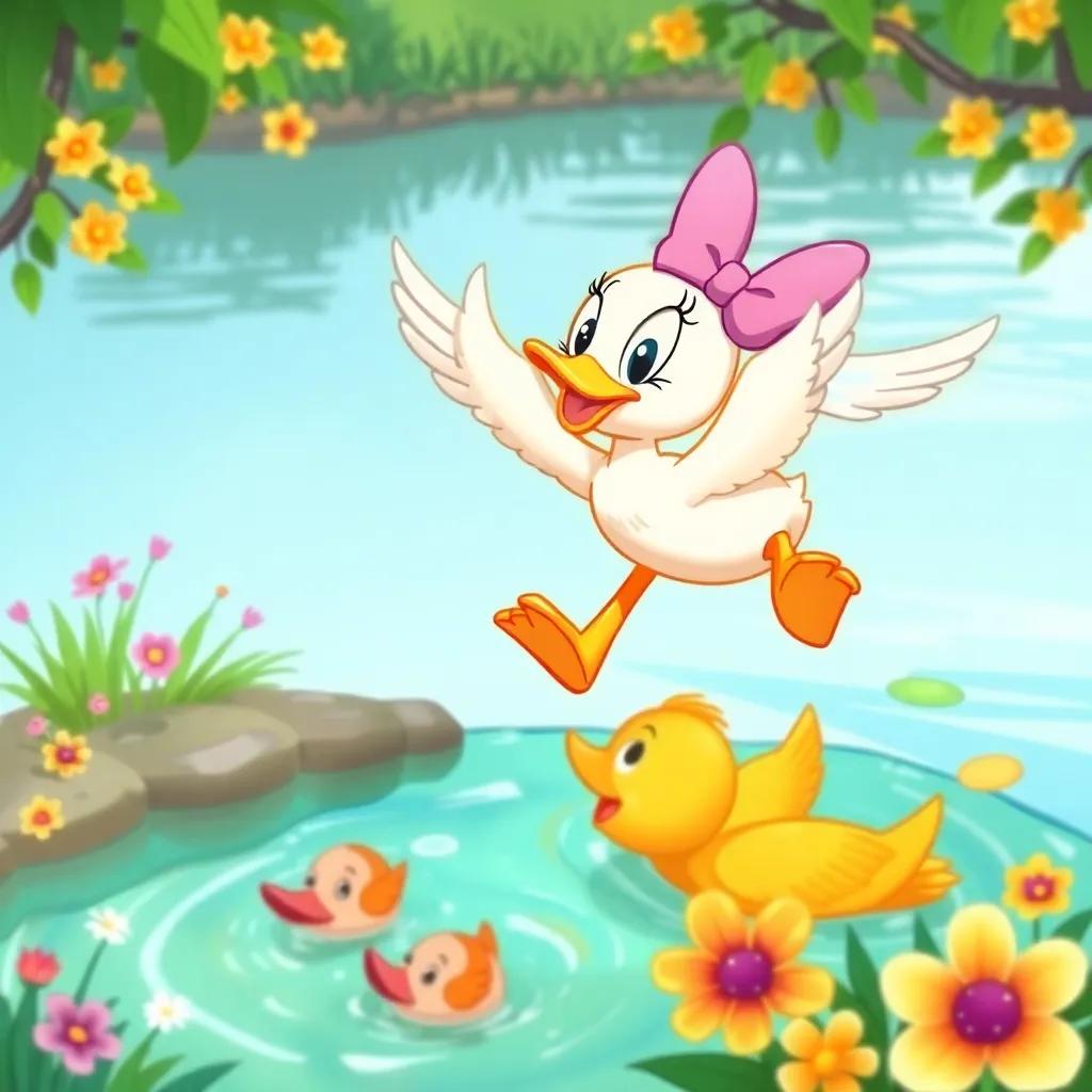 Daisy, the proud duck, flying over her friends swimming in the pond, calling out with excitement, surrounded by nature and bright flowers, colorful illustration, lively, joyful scene