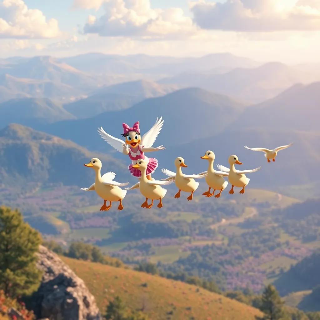 Daisy leading her duck friends, all flying together in a perfect V formation over a beautiful landscape, inspiring others beneath them, digital art, vibrant colors, heartwarming atmosphere