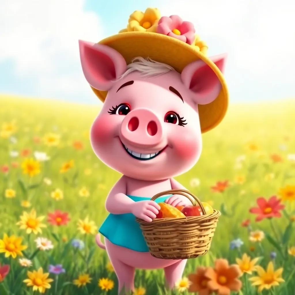 Daisy the Pig, a cheerful pink pig with a big smile, wearing a colorful picnic hat, standing in a sunny meadow, holding a basket filled with food, bright flowers around her, vibrant colors, cheerful scene, digital painting, high quality