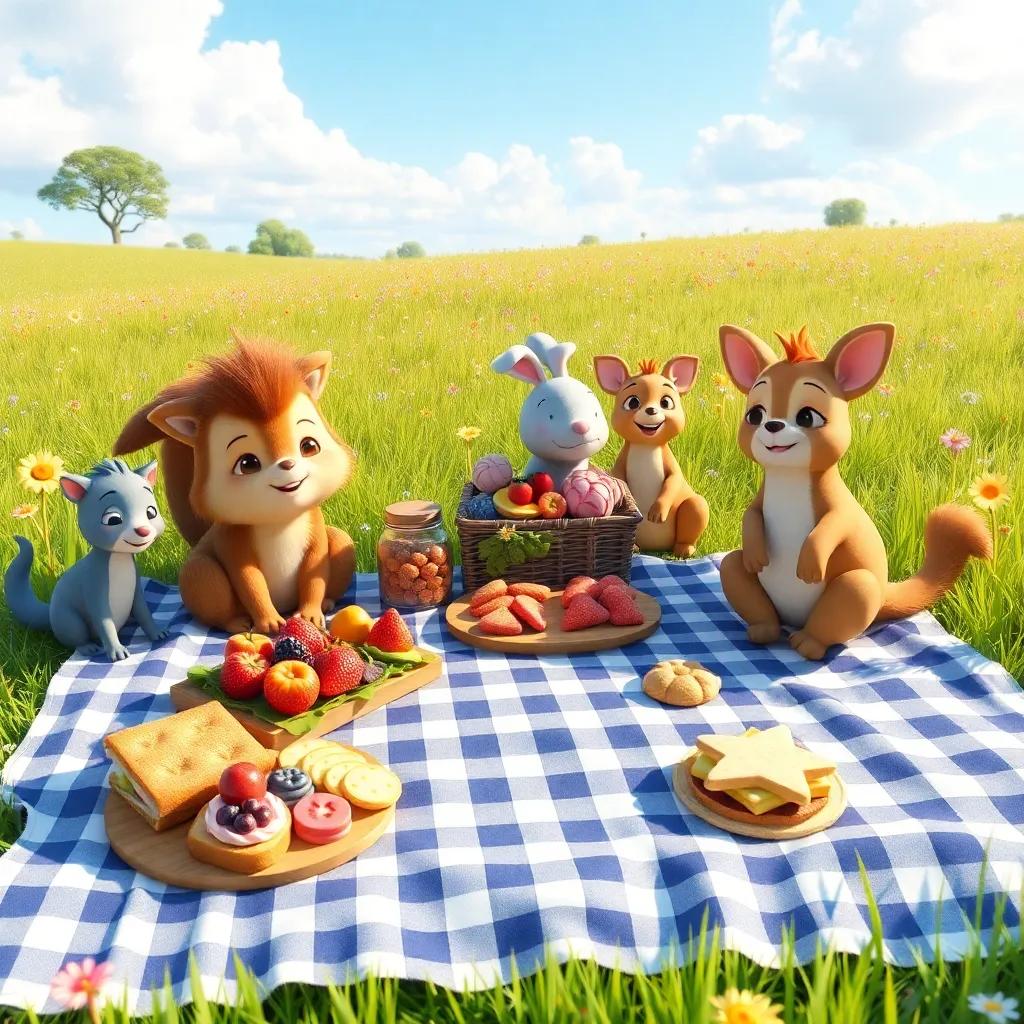 A lovely picnic setup in the meadow, with a checkered blanket spread out, delicious sandwiches, vibrant fruits, and cookies on the blanket, cheerful animals gathering around, bright sunny day, colorful decorations, inviting atmosphere, digital art, high quality