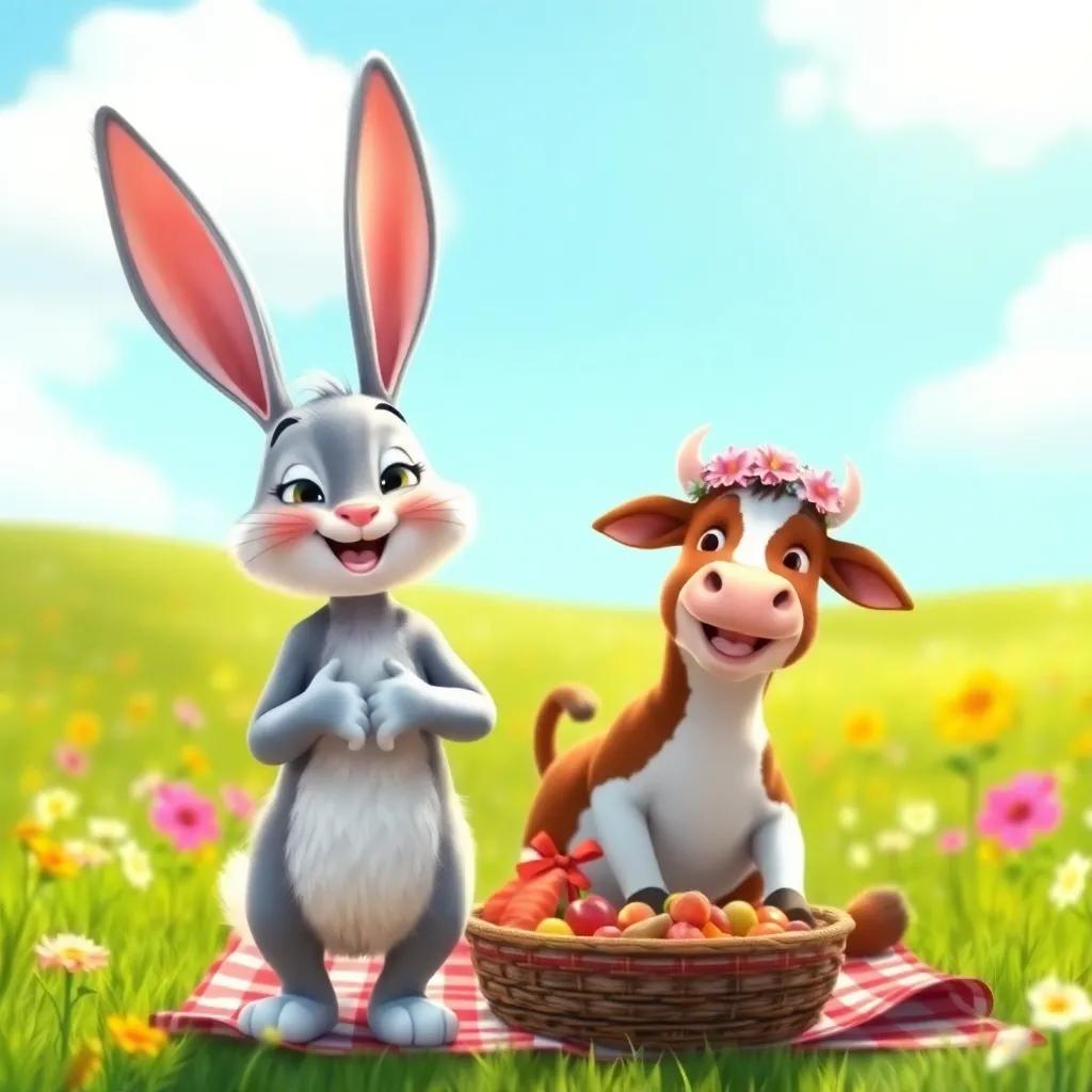 Benny the Bunny, a fluffy white bunny with big ears, and Clara the Cow, a brown cow with a flower crown, arriving at the picnic, looking excited and happy, lively meadow in the background, bright blue sky, joyful expressions, digital painting, high quality