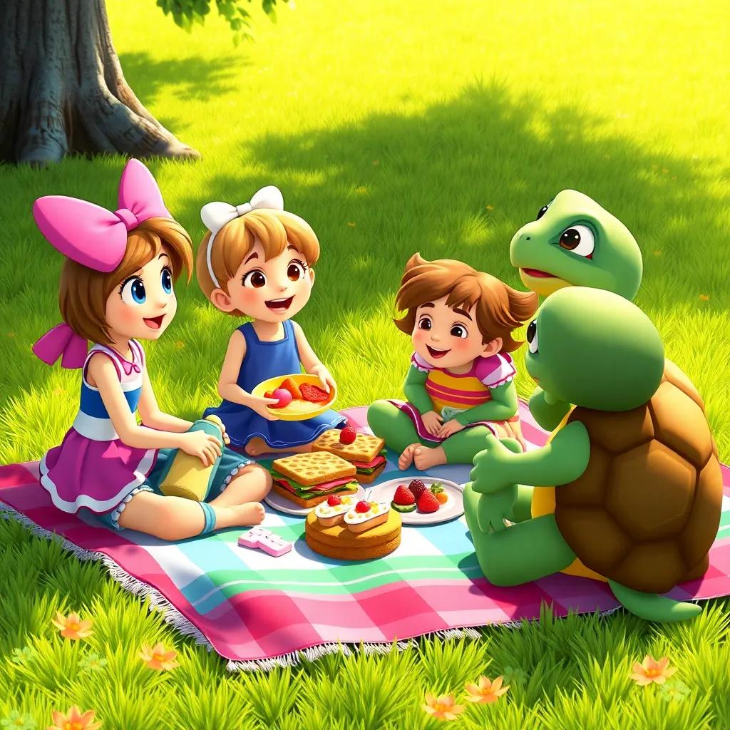 Daisy, Benny, Clara, and Tommy the Tortoise, sitting on the grass sharing food together, laughter in the air, colorful sandwiches and treats on the blanket, sunny day, warm colors, togetherness, digital art, high quality