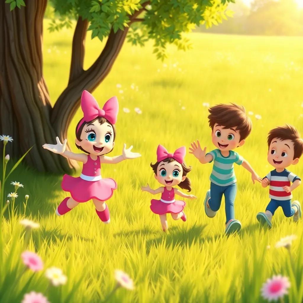 Daisy and her friends playing tag in the meadow, Benny hopping, Clara running, Tommy getting ready to hide under the picnic table, joyful expressions, bright and lively scene, warm sunlight, digital painting, high quality