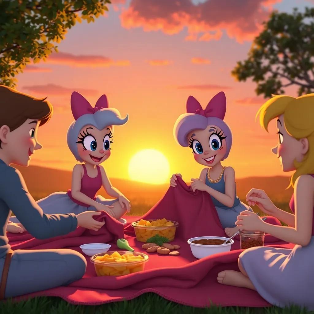 Daisy reminding her friends to clean up, everyone happily folding the blanket and packing the leftovers, teamwork shown in their smiles, peaceful sunset in the background, warm atmosphere, digital art, high quality
