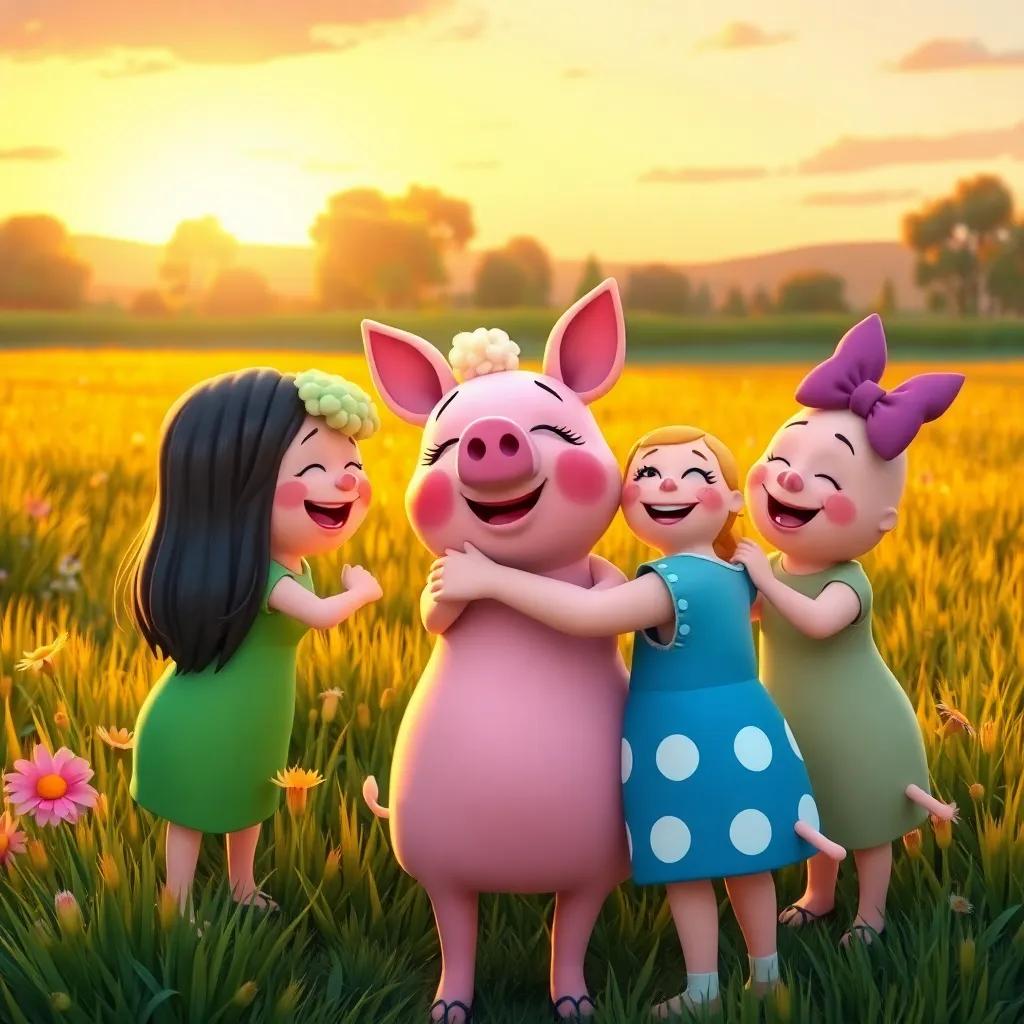 Daisy the Pig hugging each of her friends goodbye, with the meadow in the background, warm colors as the sun sets, all friends smiling and chatting, joyful scene of friendship, digital painting, high quality