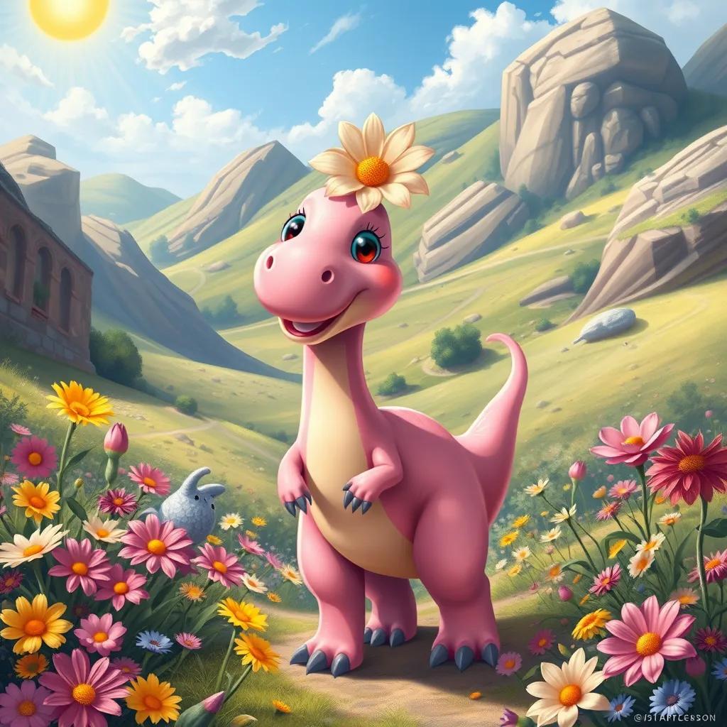 A lovely pink dinosaur named Daisy standing happily in a sunny valley filled with colorful flowers, smiling and surrounded by her friends, digital art, bright colors
