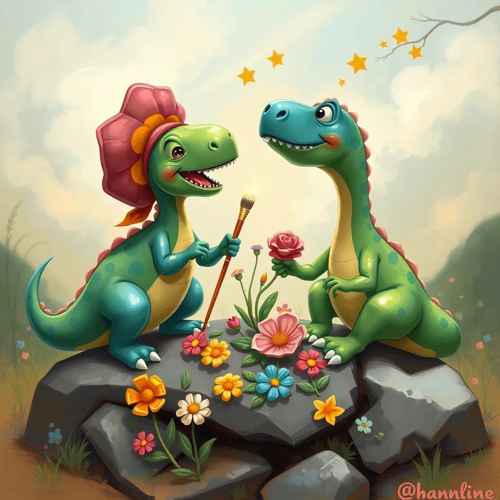 Lucy the green dinosaur painting flowers on the rock, while Max the blue dinosaur adds stars, both laughing and having fun, digital art, cheerful atmosphere