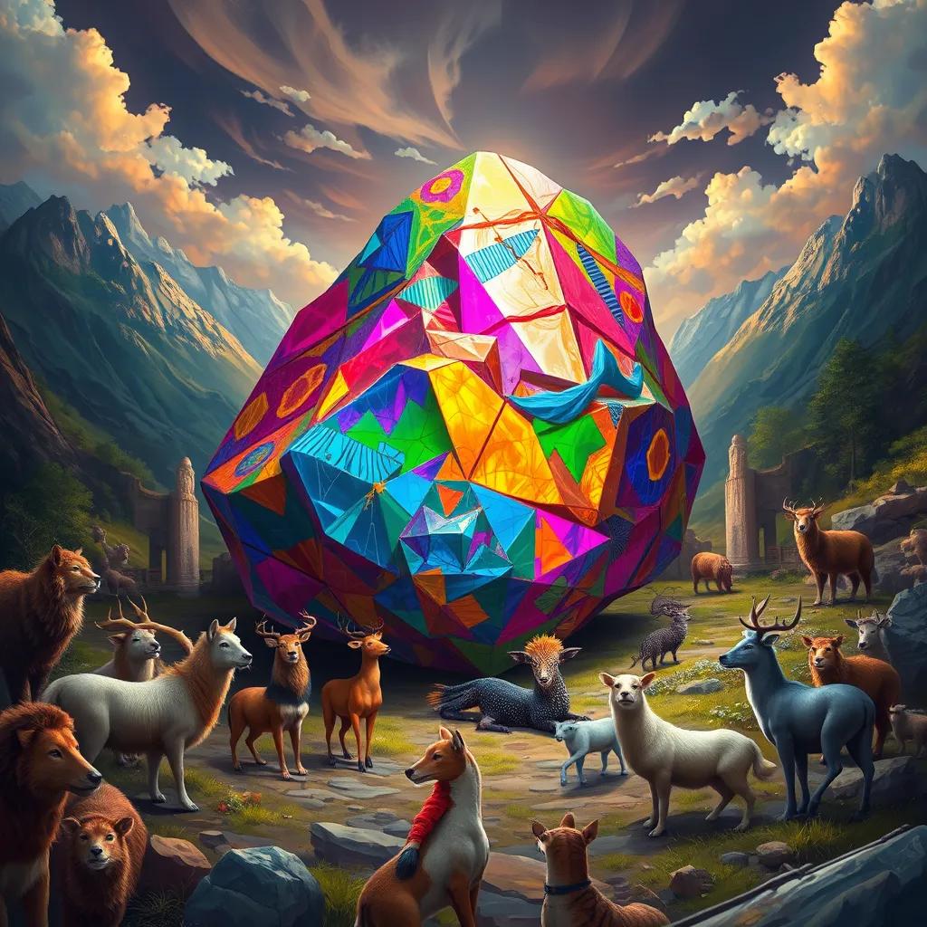 A colorful, shiny rock displayed in the middle of a valley, with various animals surrounding it, looking amazed and happy, digital art, lively scene