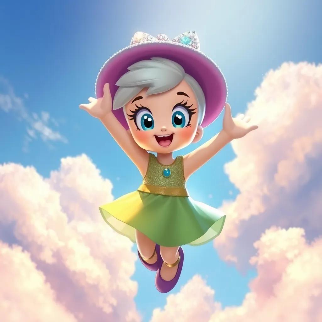 Daisy, with bright, curious eyes and a colorful dress, wearing a sparkling hat, lifting off the ground, surrounded by fluffy clouds and blue sky, feeling ecstatic, digital painting, uplifting atmosphere, bright colors, high quality