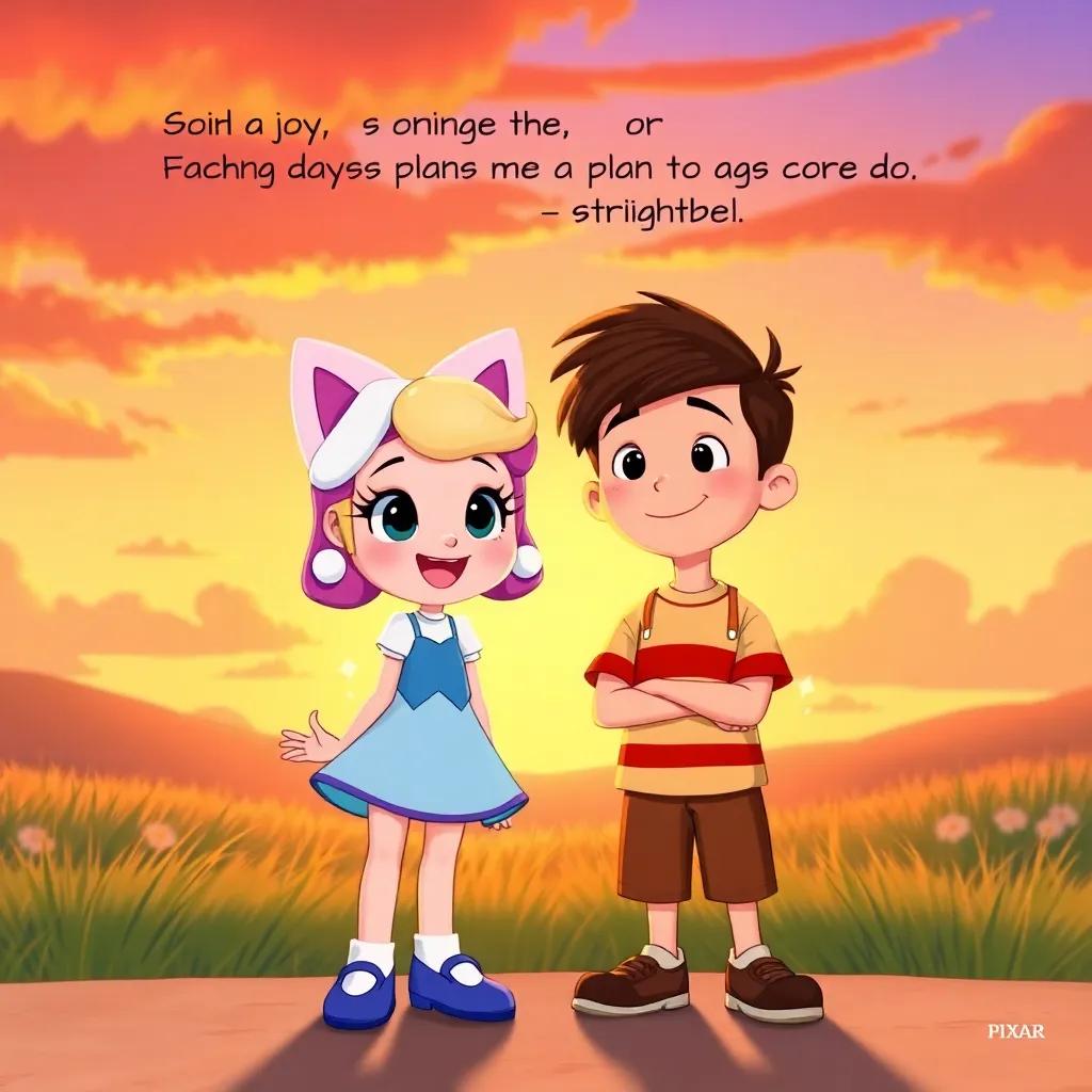 Daisy and her friend Sam, standing together with a colorful sunset behind them, with Daisy encouraging Sam as they plan to fly together, cheerful expressions, important moment, illustration, warm colors, heartfelt interaction, high quality