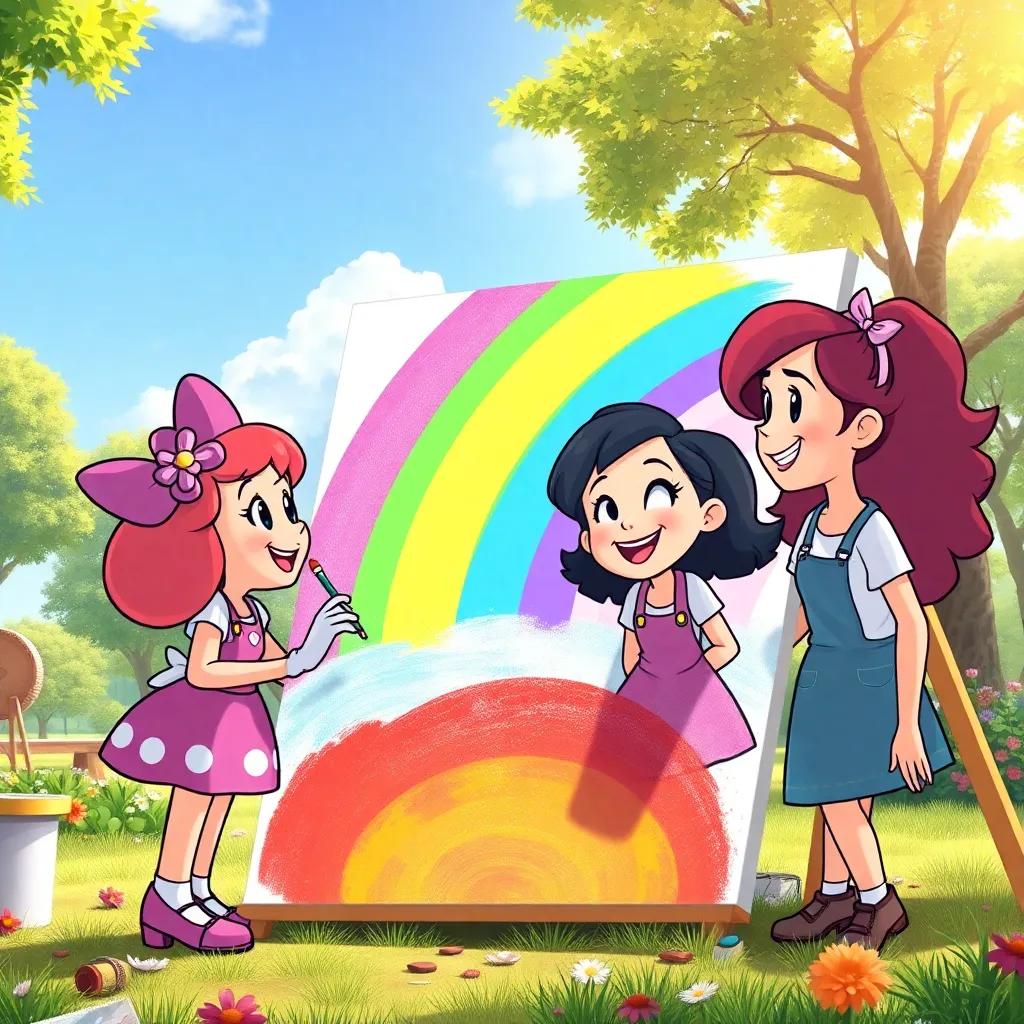 Daisy, Sam, and Mia together, painting a giant rainbow on a canvas in the park, with bright colors, enjoying the moment, laughter all around, sunny day, illustration, vibrant atmosphere, happy friendship, high quality