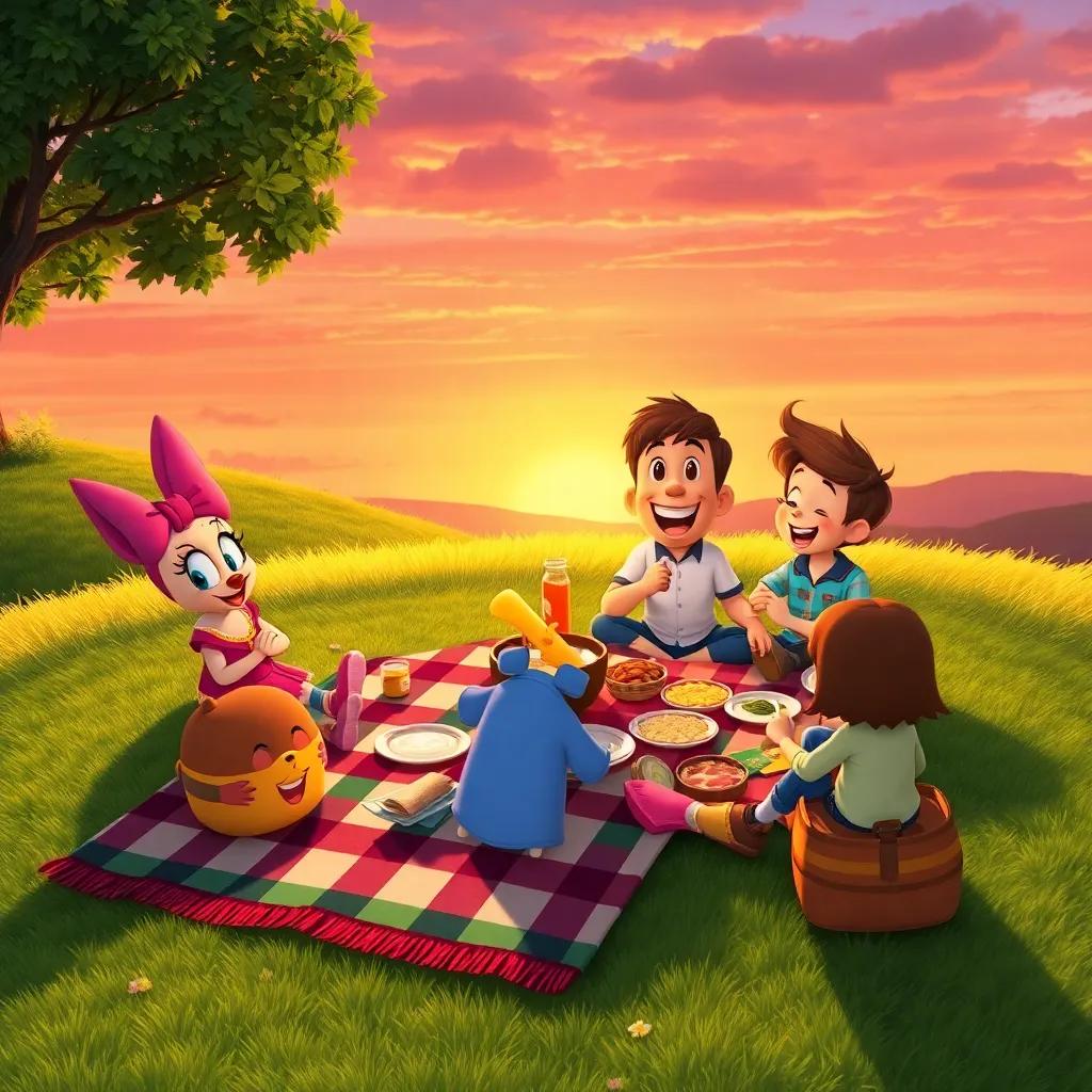 Daisy, Sam, and all their friends gathered for a picnic on a green grassy hill, sharing laughter and food, surrounded by a colorful picnic blanket and beautiful sunset, joyful moment, digital art, warm colors, inviting setting, high quality