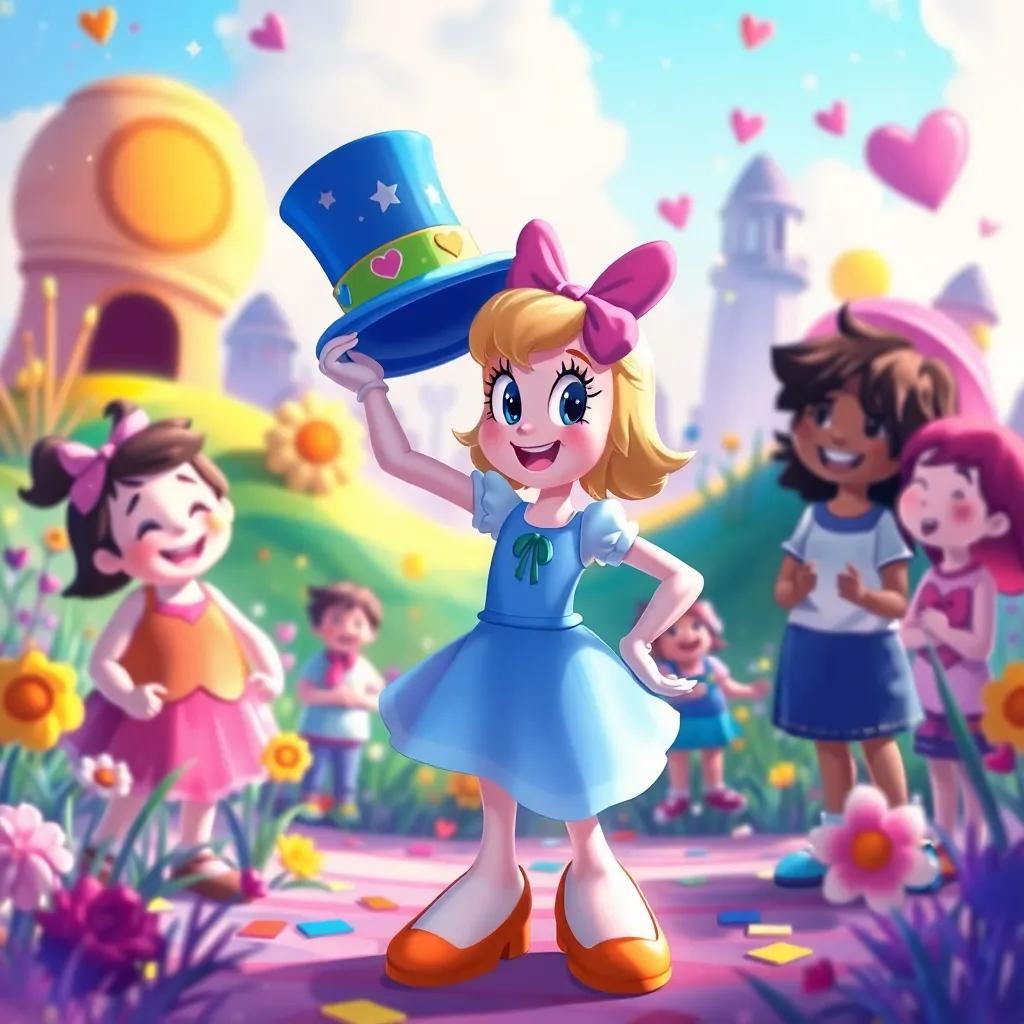 Daisy, happily holding her magic hat, standing with her friends in a colorful landscape they created, filled with art, laughter, and a sense of togetherness, digital illustration, vibrant colors, heartwarming scene, high quality