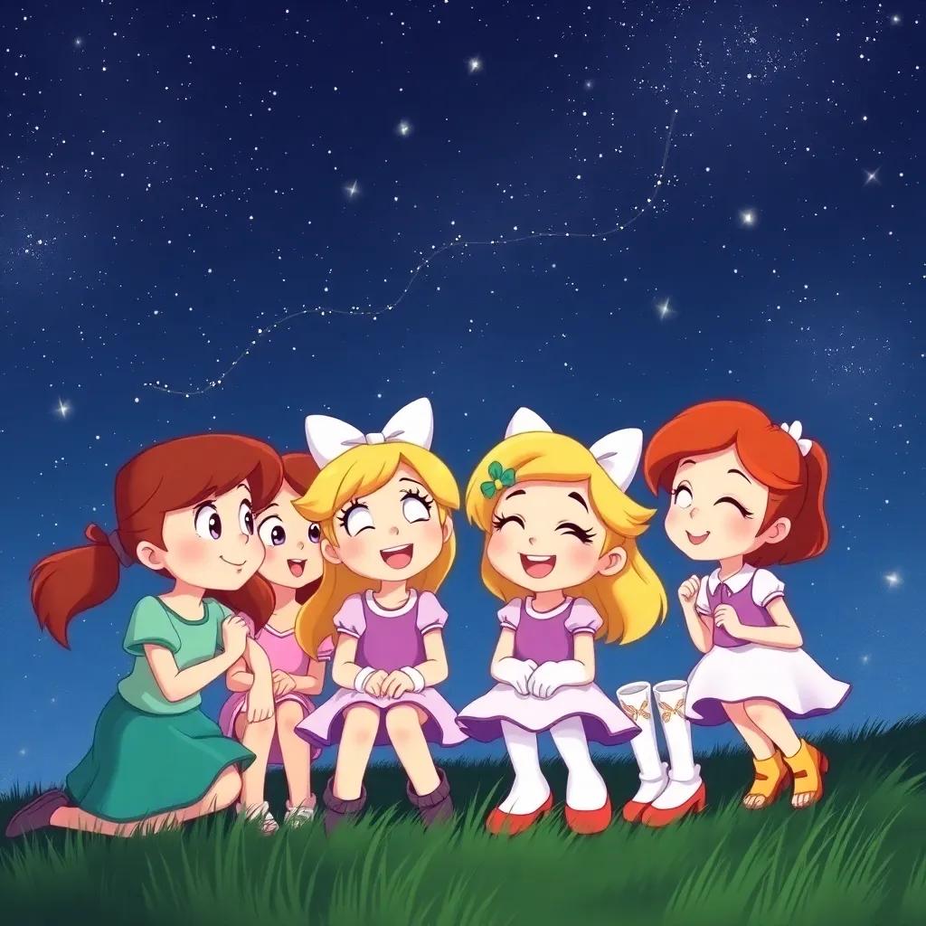 Daisy and her friends, under the twinkling stars, remembering their fun day, all looking joyful and connected, night sky filled with stars, peaceful atmosphere, digital art, warm colors, nostalgic feeling, high quality