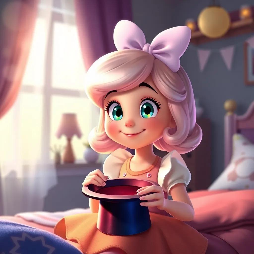 Daisy, a cheerful girl with bright eyes, sitting in her bedroom, holding the magic hat, pondering her next wishes with a thoughtful smile, cozy environment, soft light, heartwarming scene, digital painting, inviting atmosphere, high quality