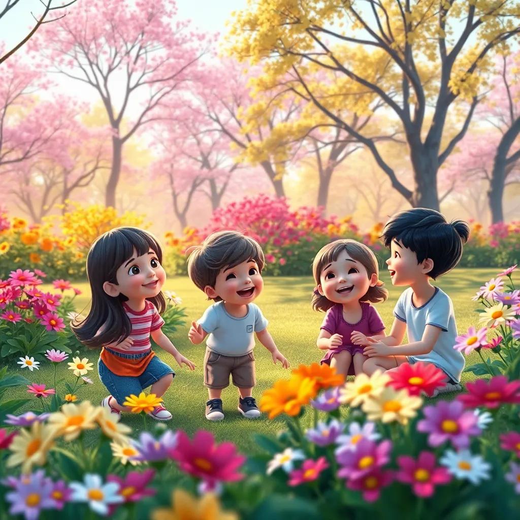 A beautiful scene of a park, filled with children playing and laughing, surrounded by colorful flowers, representing friendship and joy, digital illustration, cheerful ambiance, vibrant colors, high quality