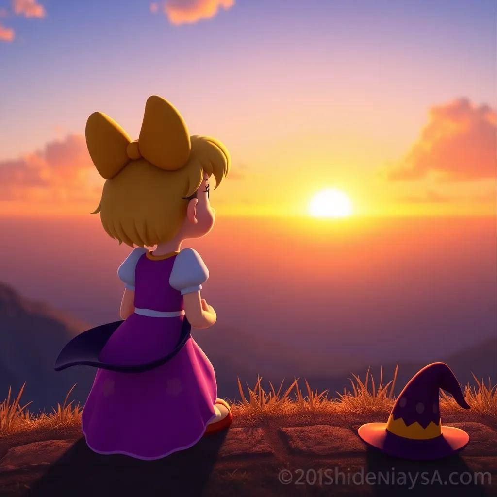 Daisy, looking out at the sunset, with her magic hat by her side, reflecting on her adventure and the importance of using magic for friendship and good, warm light, peaceful atmosphere, digital art, touching moment, high quality