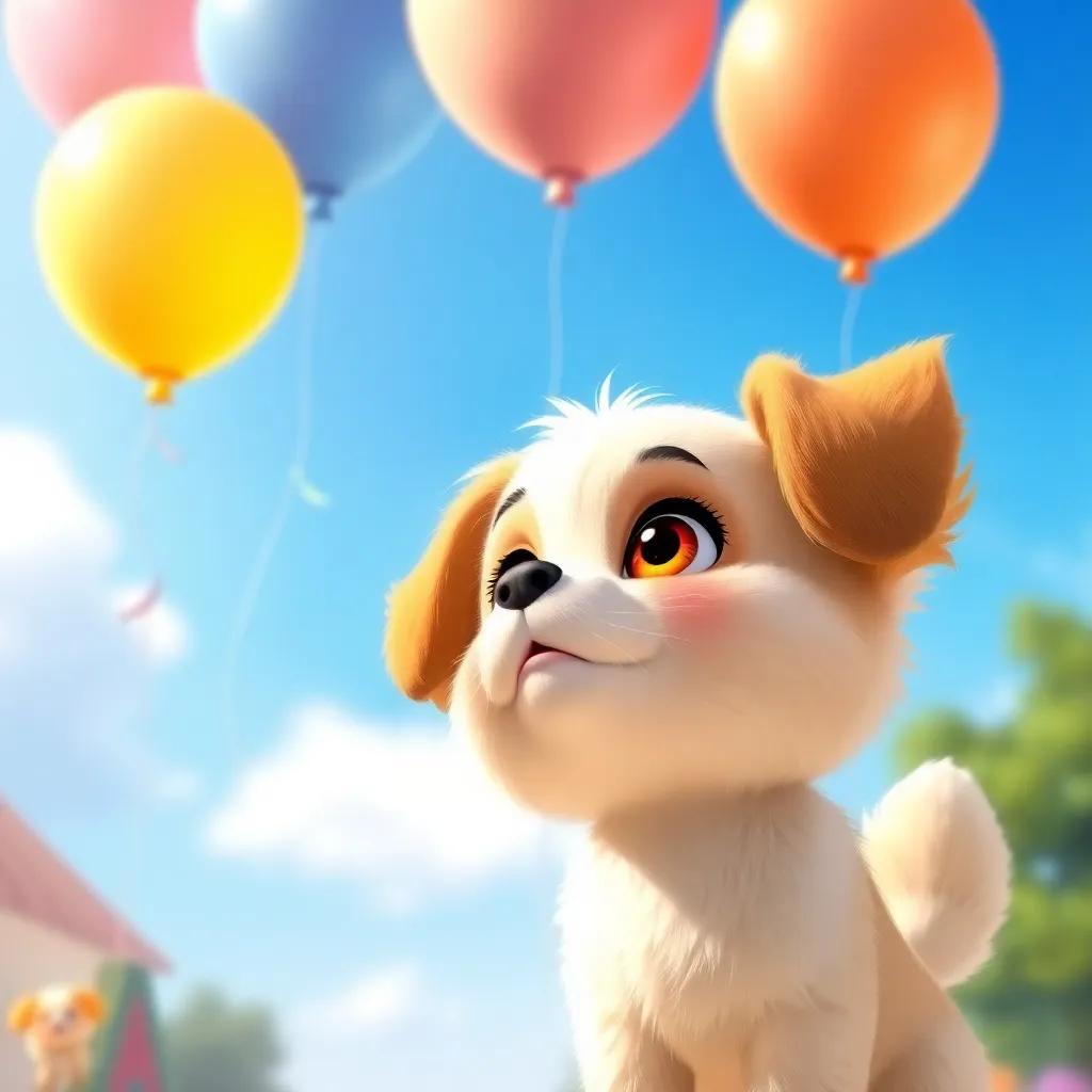 A small fluffy dog, Daisy, with bright eyes and a wagging tail, looking up at colorful balloons flying in a bright blue sky, cheerful atmosphere, digital art, vibrant colors, high quality