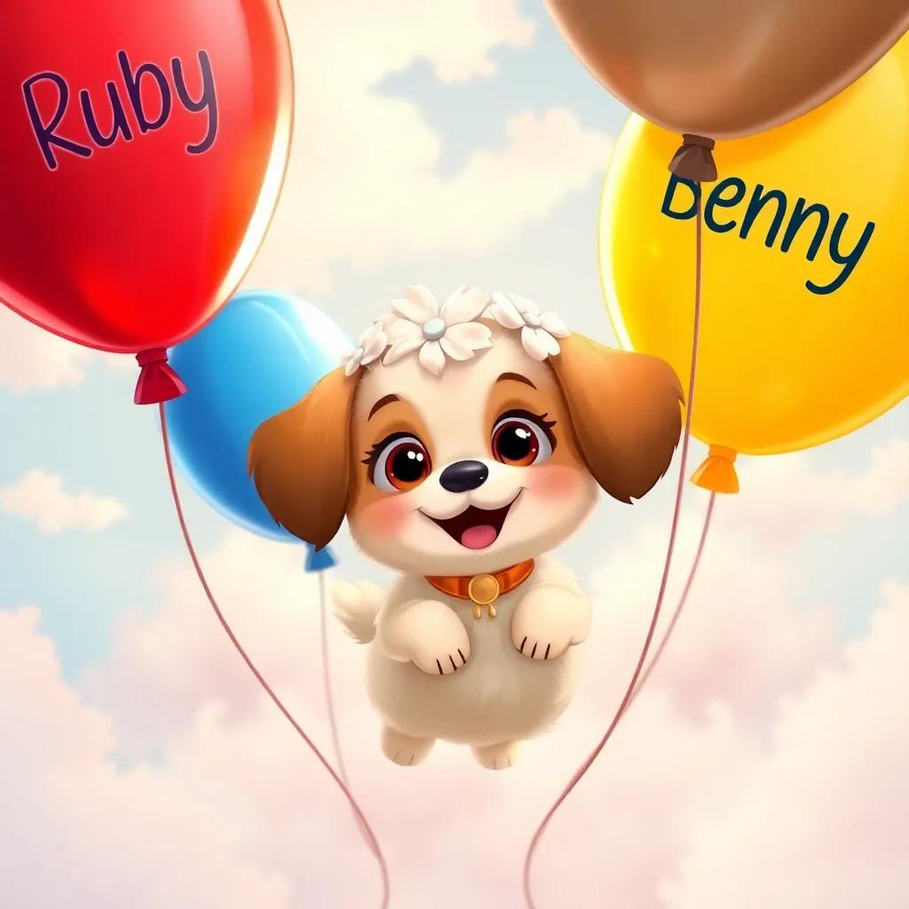 Daisy, a small fluffy dog, floating in the sky surrounded by friendly balloons: a red balloon named Ruby, a blue balloon named Benny, and a yellow balloon named Sunny, cheerful and happy, child-friendly illustration, warm colors, high quality