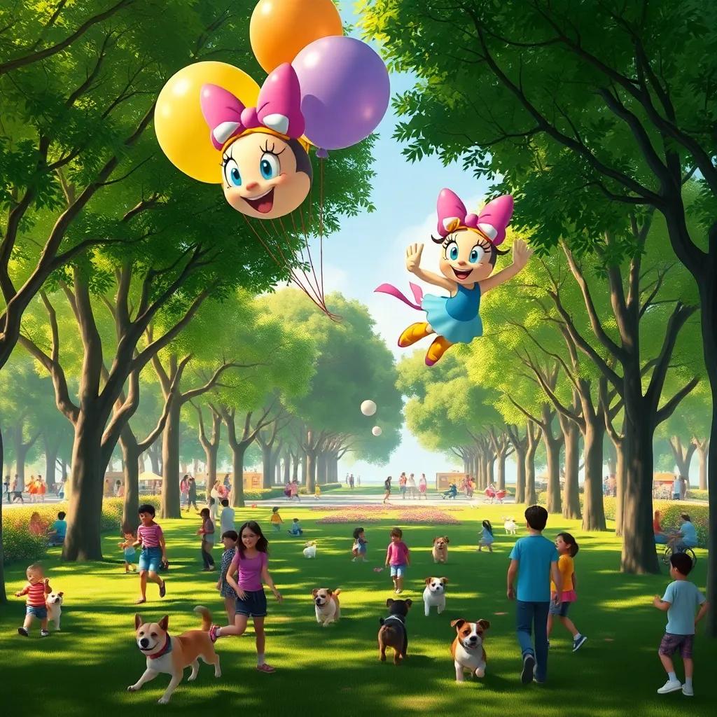 Daisy and her balloon friends soaring over a busy park filled with children playing and dogs running under green trees, vibrant scene, joyful atmosphere, digital painting, bright colors, high quality