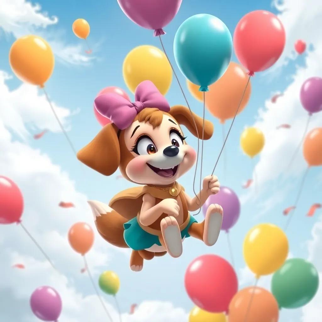 Daisy the dog, holding onto her balloons tight, surrounded by colorful balloons in a windy sky, showing courage and friendship while floating high up, whimsical artwork, dynamic scene, high quality