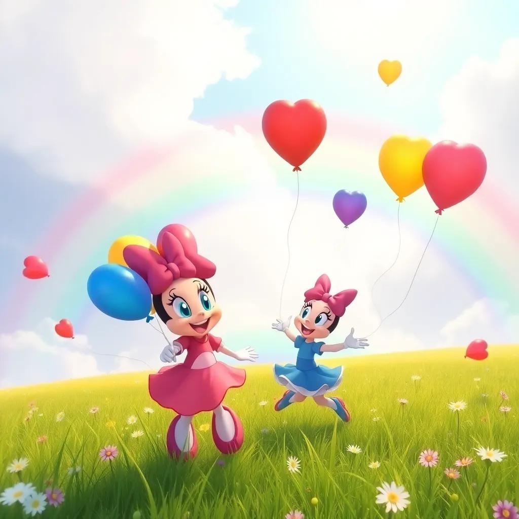 A beautiful rainbow in the sky with Daisy and her balloon friends, playing in the colors, with the red, blue, and yellow balloons swirling around in happiness, magical scene, pastel colors, high quality