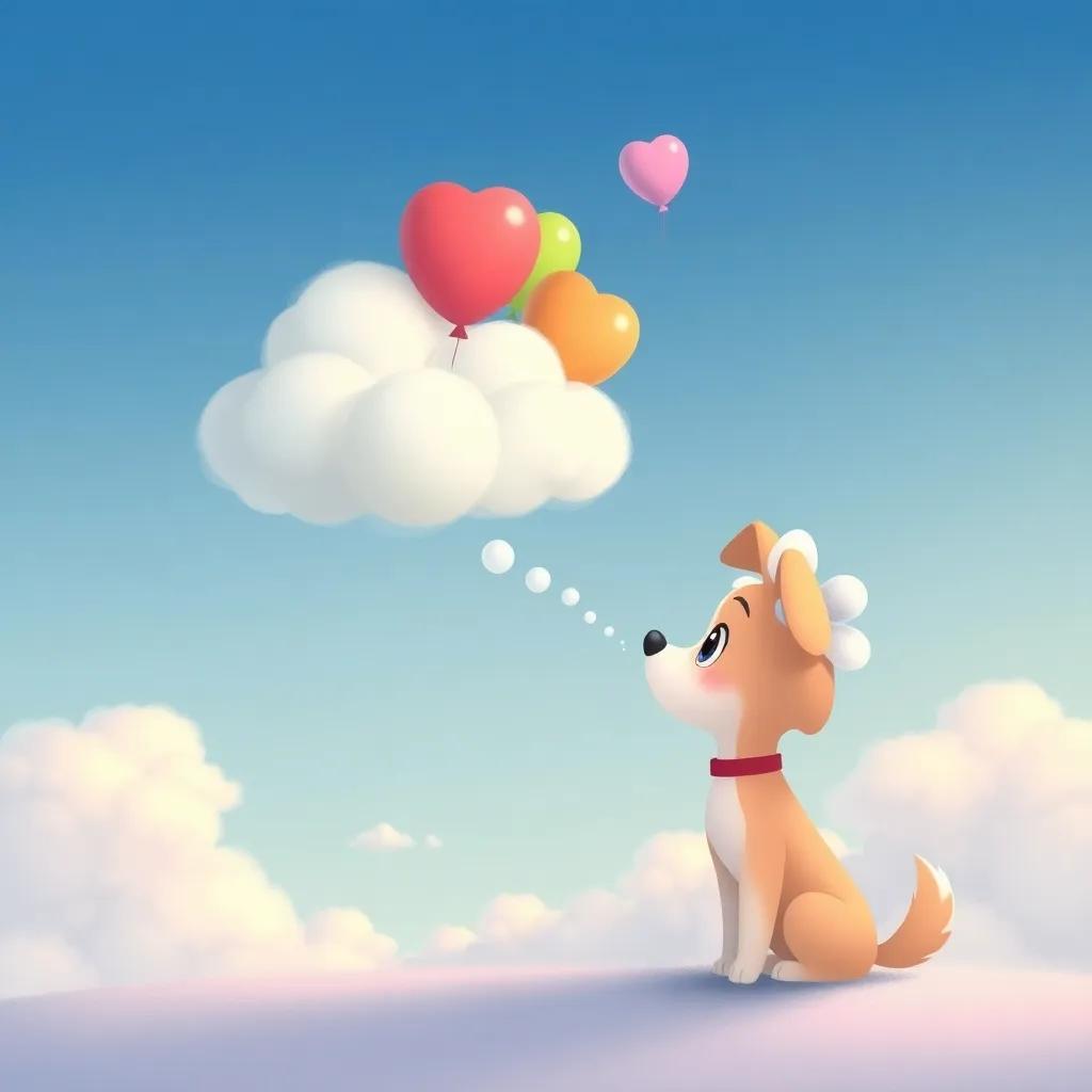 Daisy the dog talking to a sad little cloud, with the cloud looking lonely in the sky while the balloons giggle and join them, heartwarming atmosphere, unique illustration, soft colors, high quality