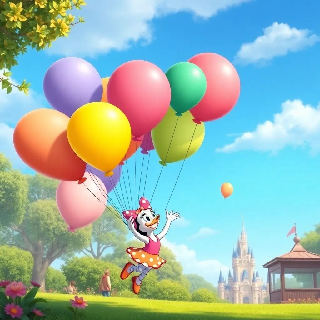 Daisy and her balloon friends saying goodbye as she floats lower towards the park, with the balloons being cheerful, colorful, and adorable, nostalgic scene, child-friendly art, bright colors, high quality