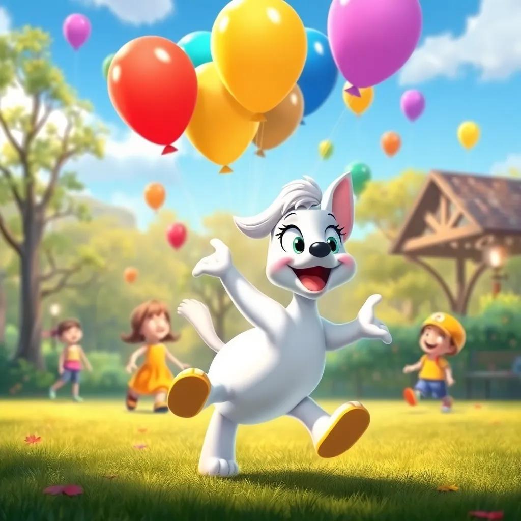 Daisy landing back at the park, wagging her tail with a big smile, surrounded by the balloons above and happy children around, warm and inviting atmosphere, joyful scene, bright and colorful, high quality