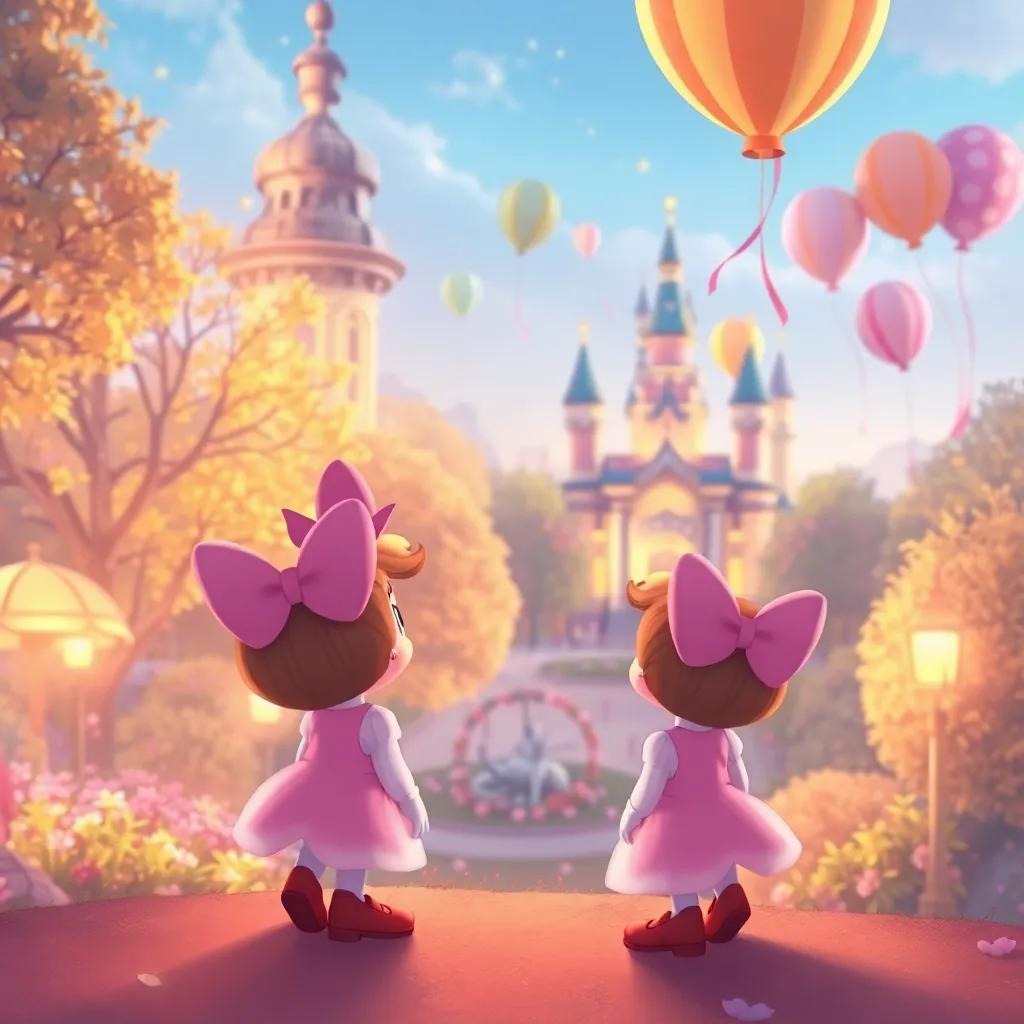 Daisy looking at the bustling park where she'd played before, feeling grateful for her adventure with her balloon friends, magical and cozy atmosphere, serene illustration, pastel colors, high quality