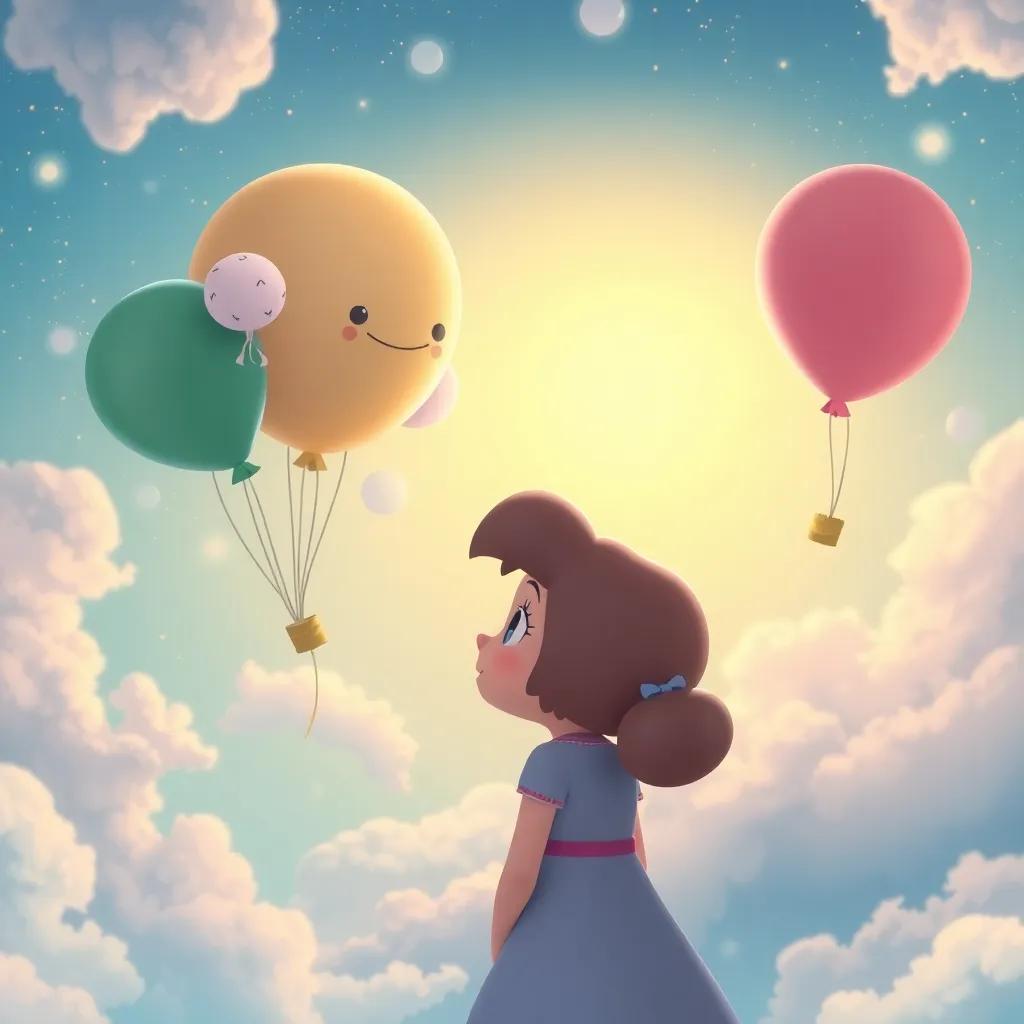 Daisy thinking about future adventures with her balloon friends, with a dreamy sky background, filled with clouds and stars, imaginative atmosphere, whimsical digital art, high quality