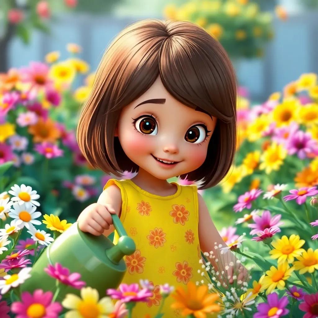 A young girl, Daisy, with short brown hair, wearing a bright yellow dress with flower patterns, watering a colorful garden filled with flowers, digital art, vibrant colors, joyful atmosphere, high quality