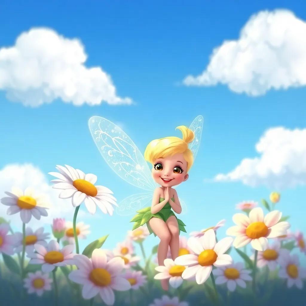 A tiny fairy with sparkly wings, smiling brightly next to Daisy, surrounded by flowers, under a clear blue sky with fluffy clouds, illustration, cheerful, magical, child-friendly