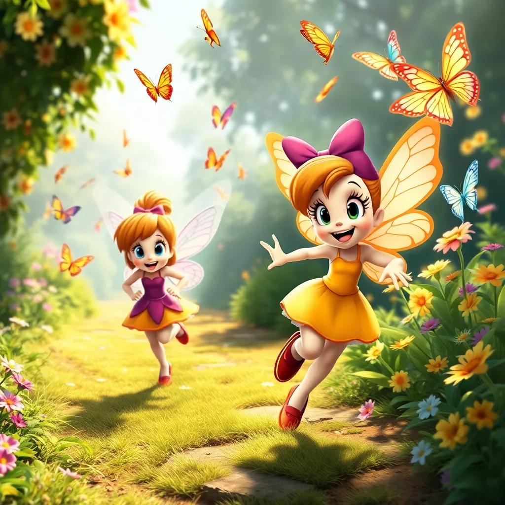 Daisy and the fairy running through the garden, colorful butterflies flying around them, with a big smile on Daisy's face, bright sunlight shining, detailed, lively scene, fun