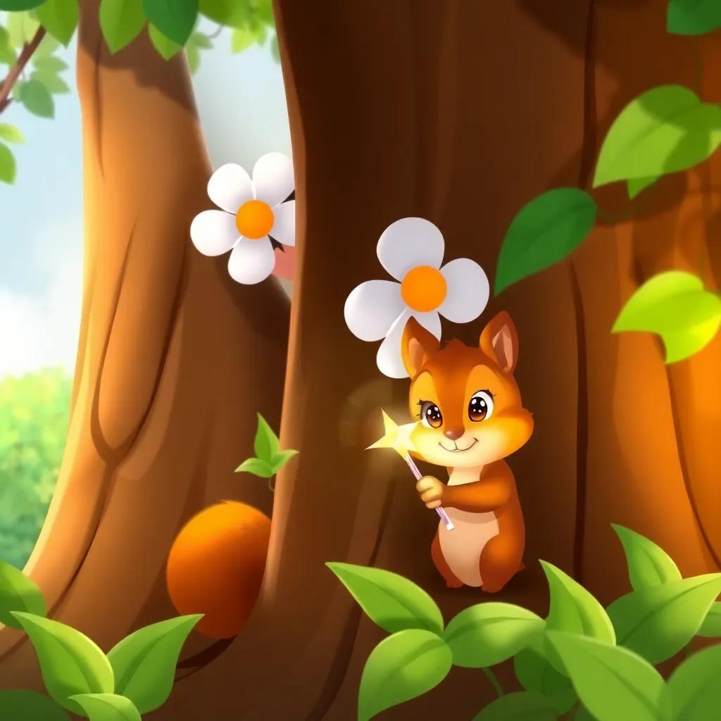 Daisy peeking behind a big tree, with a curious look, finding a little squirrel hiding a shiny wand, surrounded by green leaves, illustration, vibrant colors, playful atmosphere