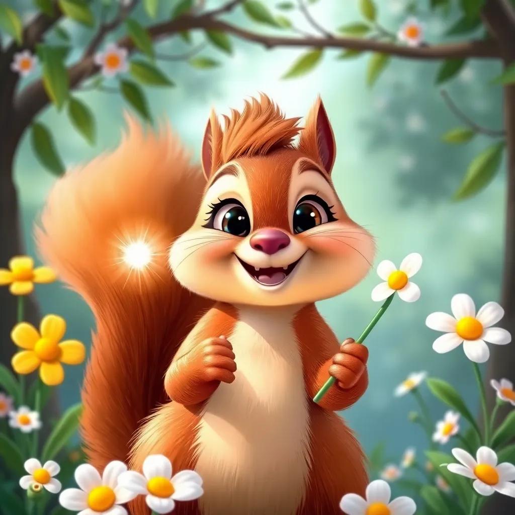 A happy squirrel holding a shiny wand, smiling at Daisy, with flowers and trees around, feeling friendly, bright colors, cheerful scene, high quality
