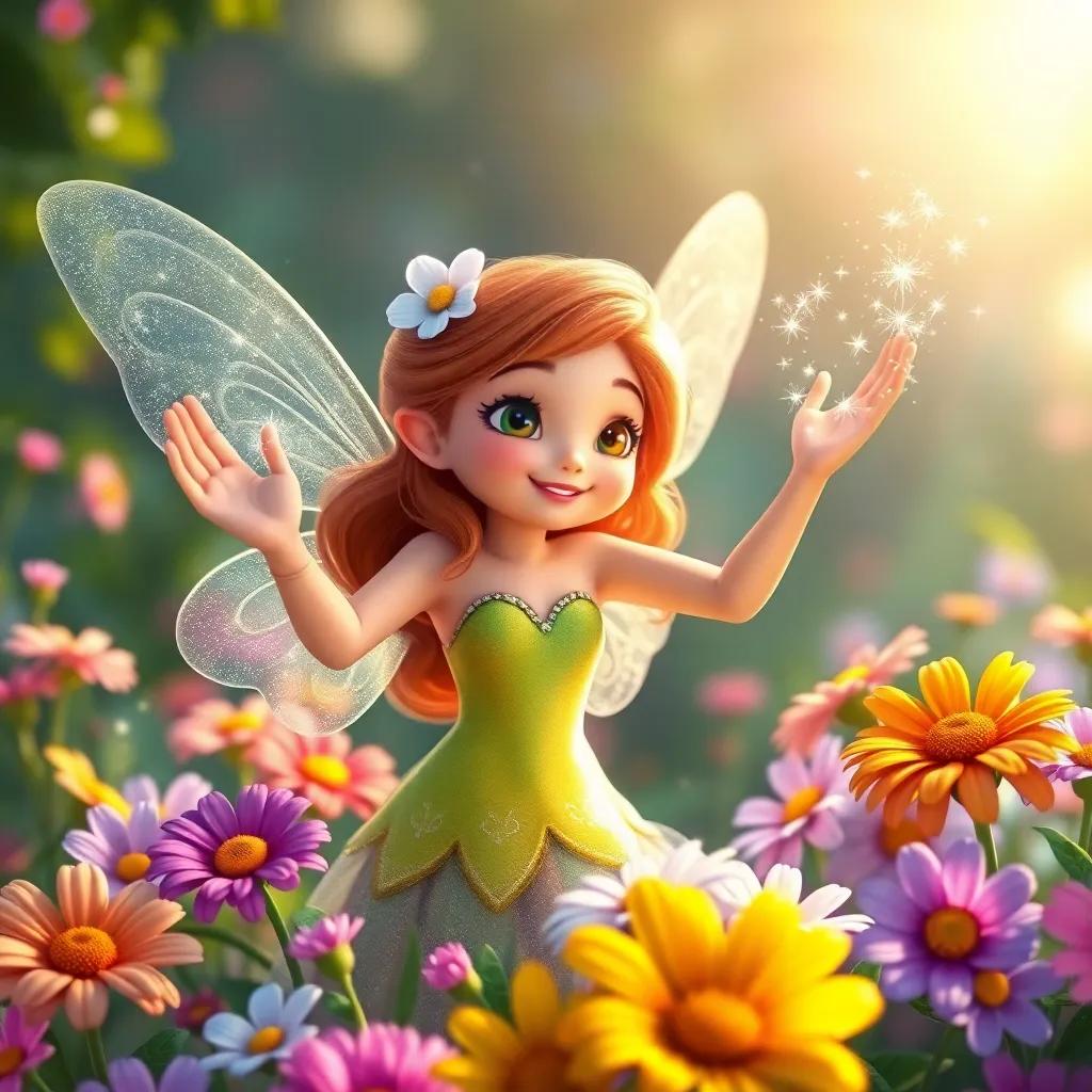 The fairy waving her hands, with sparkly magic dust in the air, Daisy feeling warm and fuzzy, surrounded by colorful flowers, bright colors, enchanting atmosphere, high quality