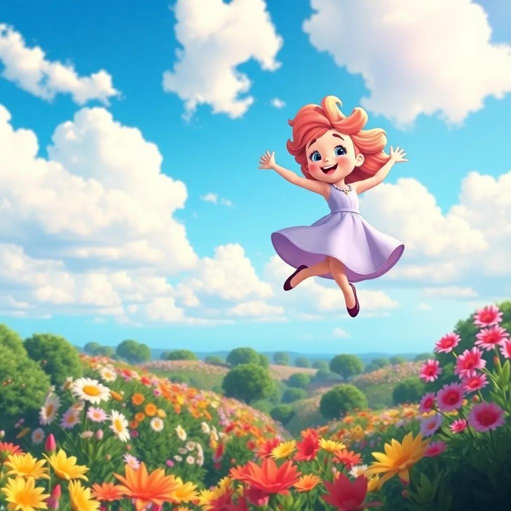 Daisy flying in the sky, twirling with joy, overlooking her beautiful garden below, with blue skies and fluffy clouds, illustration, vibrant and colorful, uplifting
