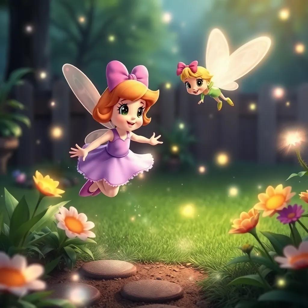 Daisy and the fairy flying back down to the garden, surrounded by glowing magic dust, landing gently on the ground, cheerful, colorful scene, magical
